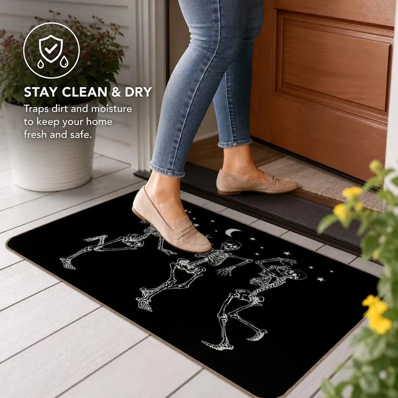 Dancing Skeletons Doormat Halloween Gothic Door Mat Black Spooky Home Decor Skull Welcome Rug. DMPETAL16