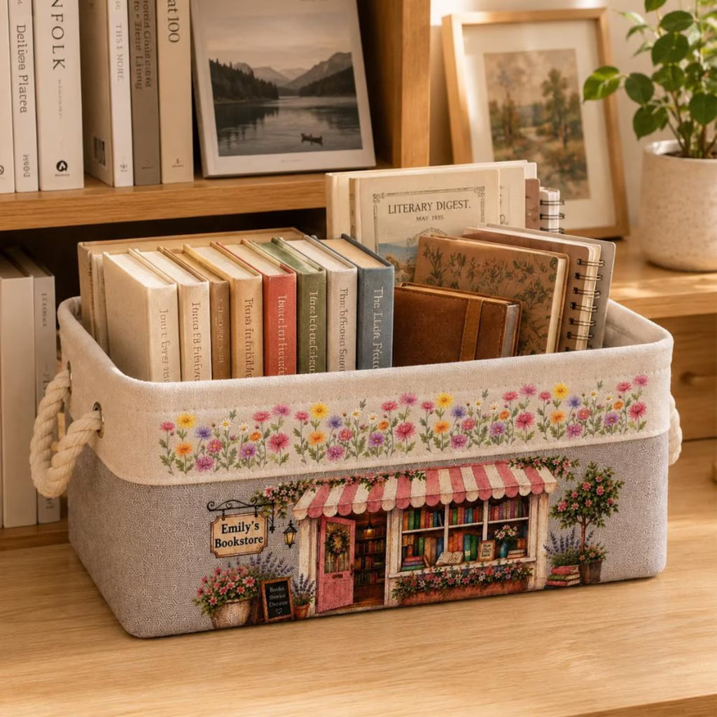 Personalized Book Storage Basket, Custom Book Lover Gift, Reading Corner Organizer, Bookworm Decor, Teacher Gift, Library Basket. BBPETAL8