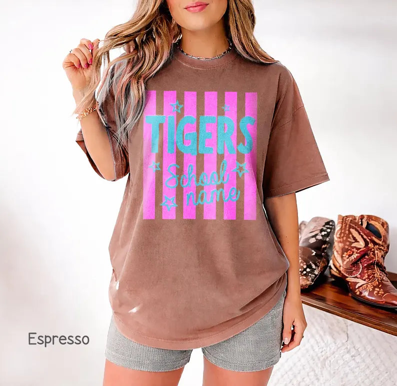 Custom Mascot Striped Shirt, School Spirit Shirt, Vintage Shirt, Checkered Leopard, Floral Preppy Letters, Back To School Shirt, Test Day. SPETAL19