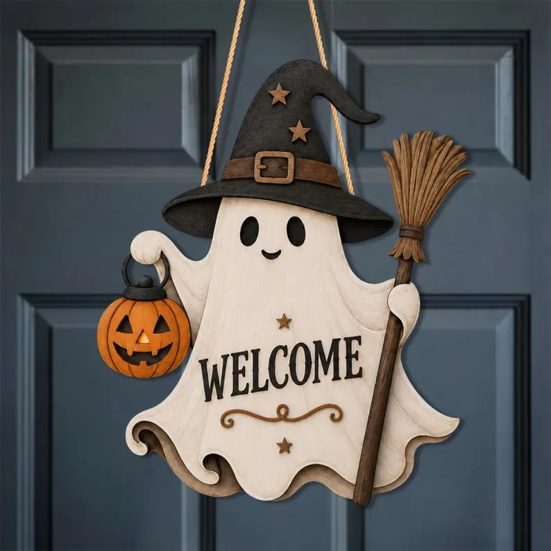Ghost Welcome Door Hanger, Cute Halloween Ghost Sign, Witch Hat Decor, Wooden Halloween Door Sign. HLWDHPETAL02
