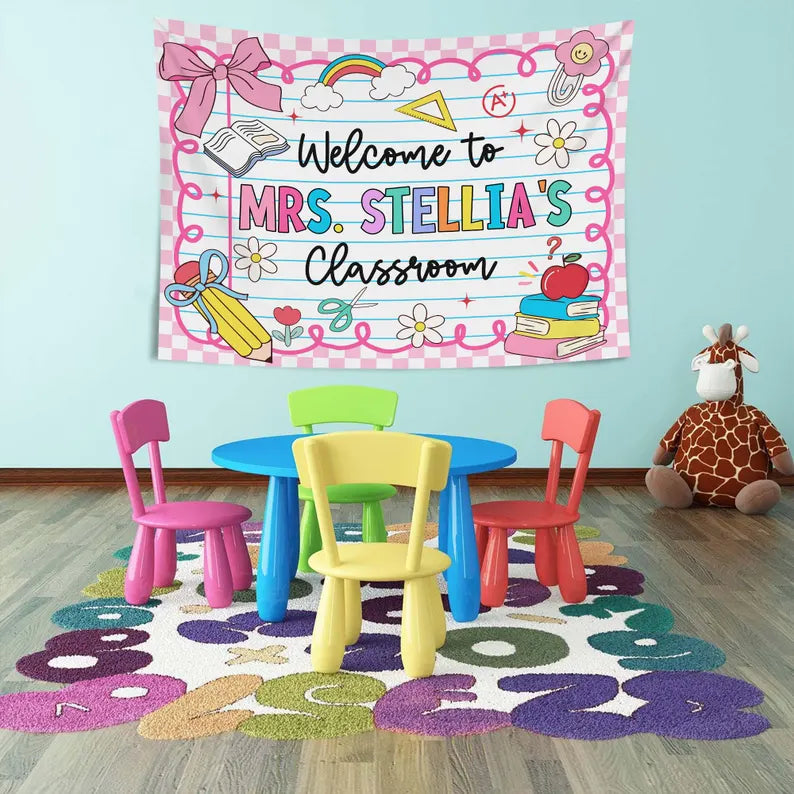 Personalized Teacher Tapestry, Custom Welcome Classroom Banner with Name, Back To School, First Day of School Gifts, Gift for Teacher. CBPETAL01