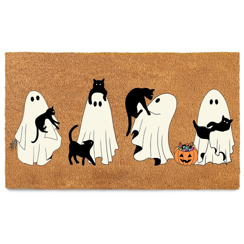 Ghost and Black Cat Doormat, Quirky Coir Entry Rug, Halloween Porch Mat. Halloween Doormat Baby Boo Decor Outdoor. DMPETAL2
