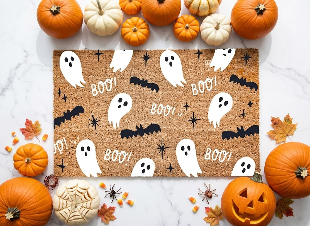 Halloween Doormat, Ghost & Bat Pattern, Fall Decor, Welcome Mat, Happy Halloween Fun Decorative Welcome Mat for Spooky Season. DMPETAL22