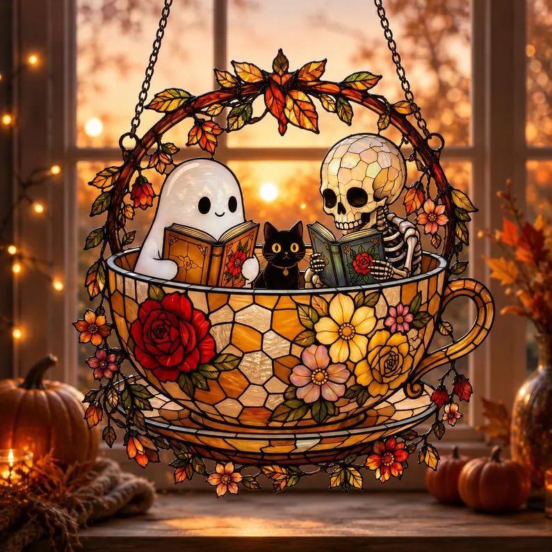 Skeleton Ghost Reading Book Acrylic Suncatcher, Black Cat in Teacup, Books Lover Gift. HSPETAL10