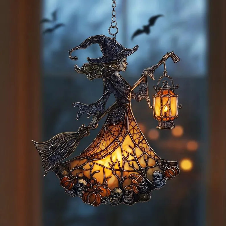 Witch Lantern Acrylic Suncatcher for Halloween Decoration | Spooky Witch Suncatcher Ornament | Gothic Witch Window Ornament, Fall Home Decor. HSPETAL4