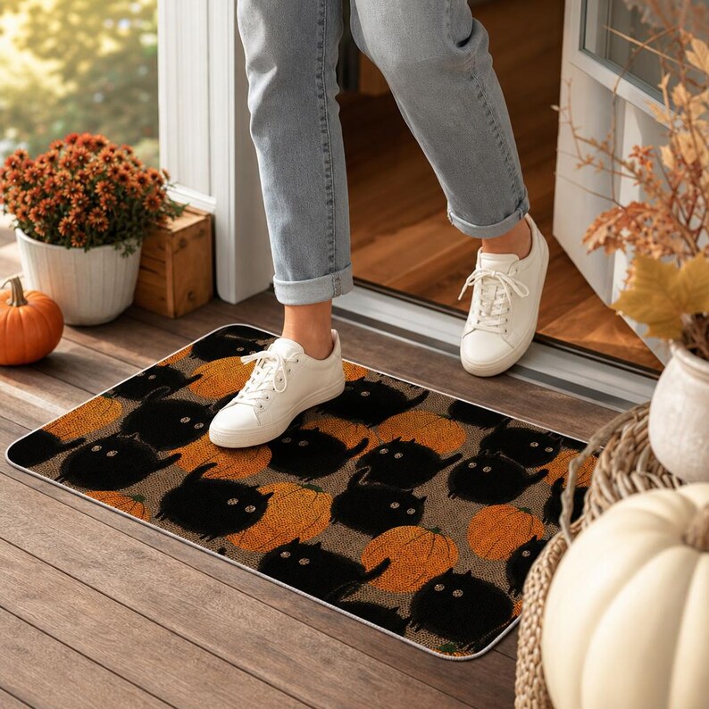 Halloween Doormat Black Cat Pumpkin, Spooky Welcome Mat, Witch Decor, Front Door Rug Gift. DMPETAL17