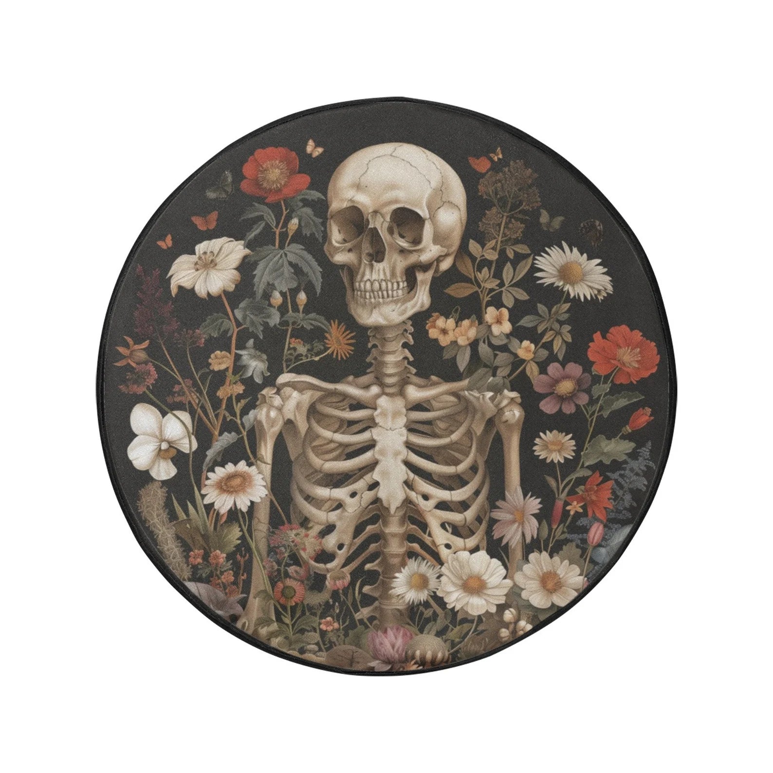 Floral Skeleton Spare Tire Cover, Retro Flowers Skull Cottagecore Backup Camera Hole Rear Wheel Trailer Camper RV Back Men Women Protector. TCPETAL7