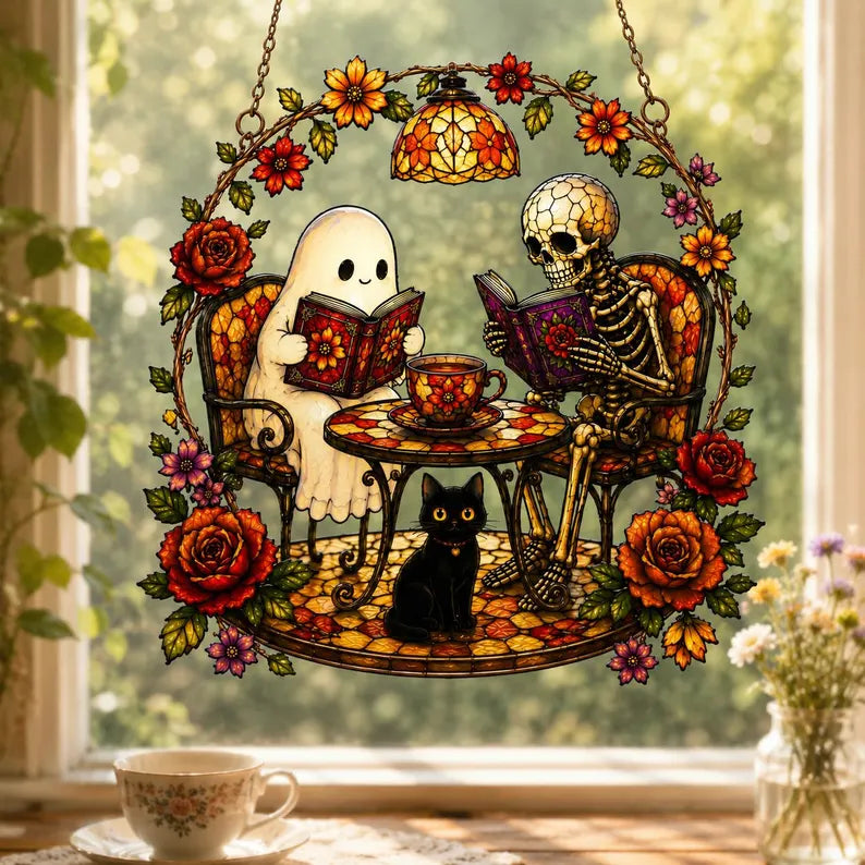 Ghost and Skeleton Reading Book Acrylic Suncatcher, Black Cat in Teacup, Books Lover. HSPETAL14