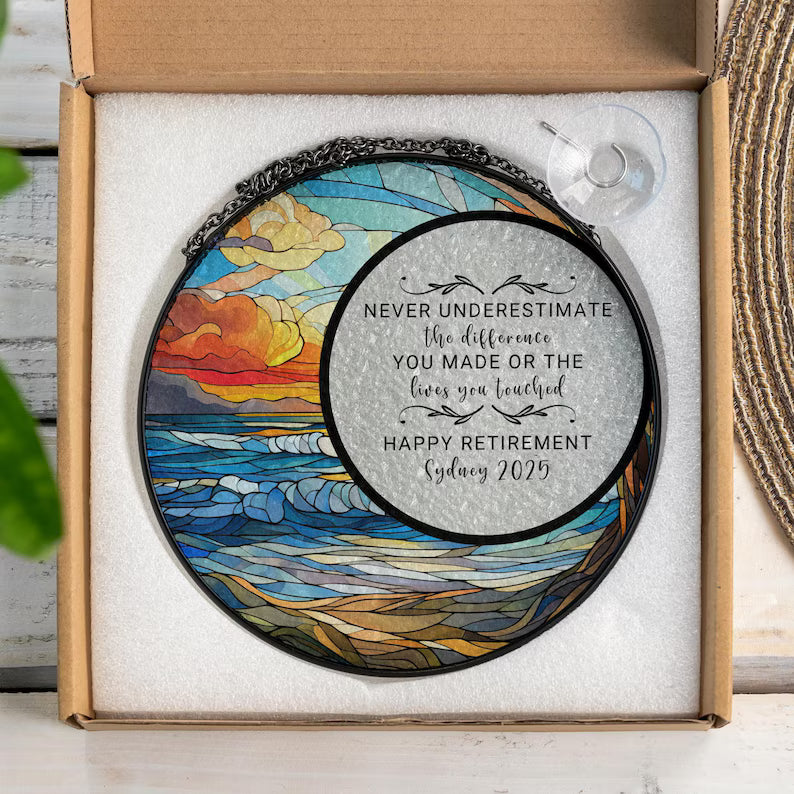 Personalized Stained Glass Retirement Suncatcher, Custom Retired Christmas Gift For Boss Coworker Colleague Retirement Keepsake Gift For Her. SUNPETAL08