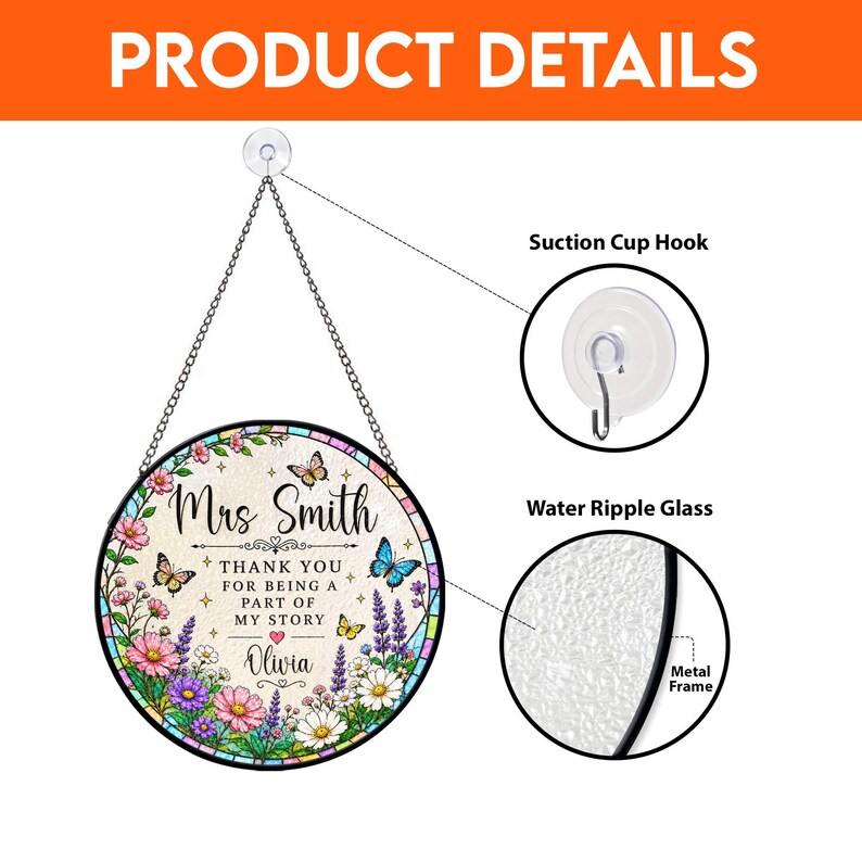Personalized Teacher Appreciation Glass Suncatcher, Thank You Teacher Gifts, End Of School Gifts For Teacher, Teacher Window Hanger Decor. SUNPETAL17