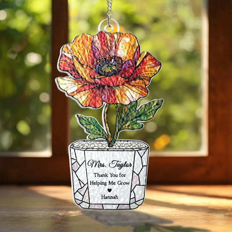 Personalized Sunflower Teacher Stained Glass Suncatcher: Thank You For Helping Me Grow, Teacher Appreciation Gift. SUNPETAL16