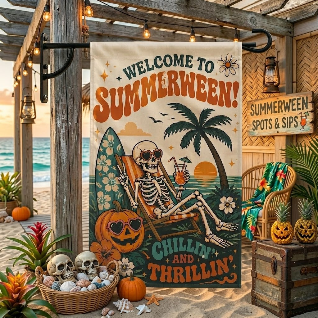 Summerween Garden Flag, Skeleton Halloween Beach Flag, Tropical Halloween Decor, Spooky Summer Yard Flag, Pumpkin Flag. HLWGFPETAL23