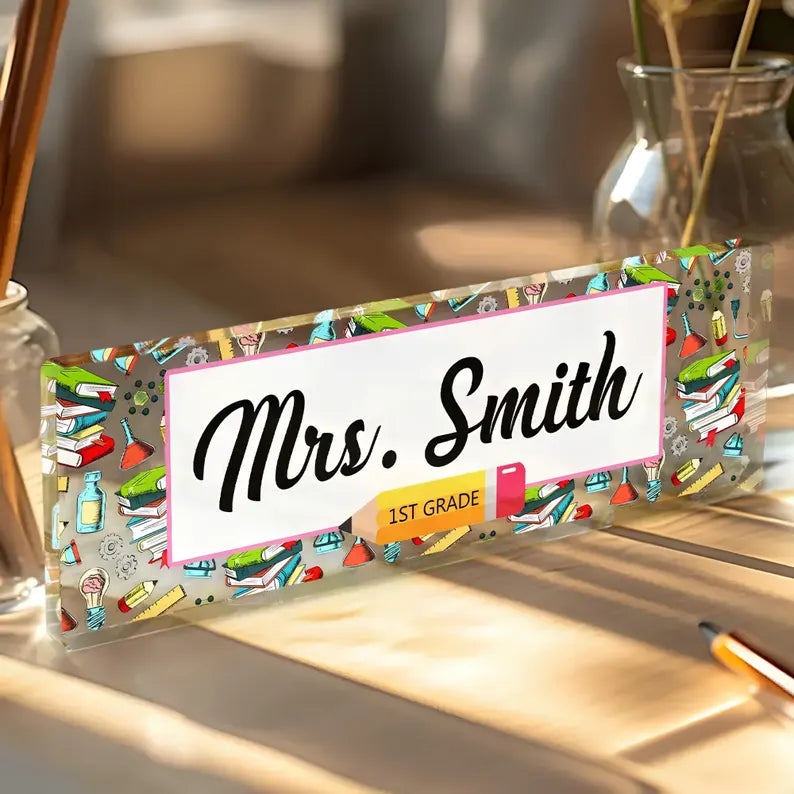 Personalized Teacher Desk Name Plate, Custom Acrylic Classroom Sign, School Decor, Back to School Gift. DNPETAL06