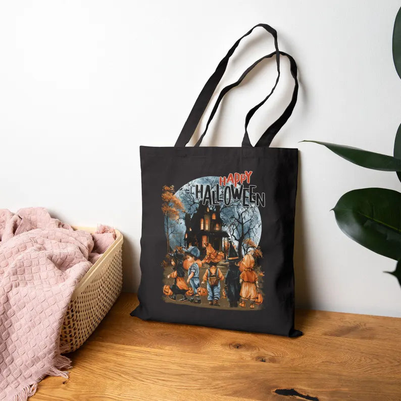 Happy Halloween Tote Bag Cute Vintage Kids Canvas Handbag Retro Haunted House Shoulder Shopping Bag Spooky Full Moon Autumn Fall Gift. HLWTBPETAL12