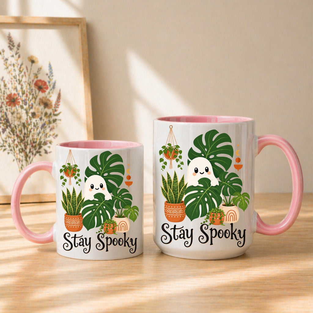 Stay Spooky Plant Ghost Mug – Cute Halloween Coffee Mug, Spooky Season Ceramic Cup, Plant Lover Halloween Gift, Ghost Mug with Black Handle. MPETAL7