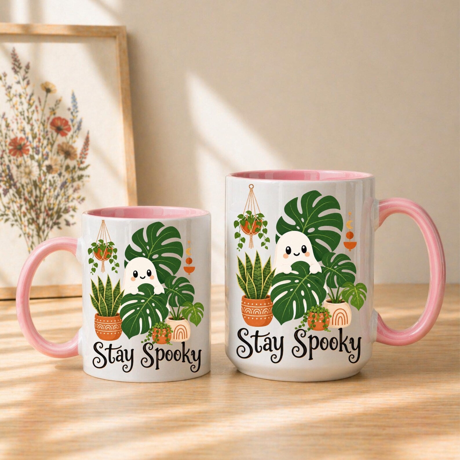 Stay Spooky Plant Ghost Mug – Cute Halloween Coffee Mug, Spooky Season Ceramic Cup, Plant Lover Halloween Gift, Ghost Mug with Black Handle. MPETAL7