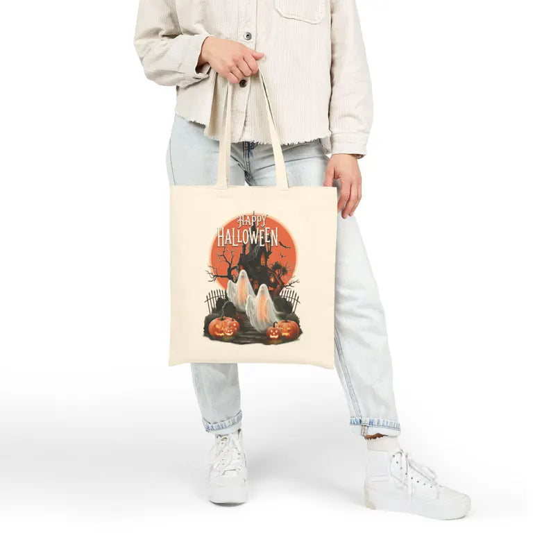 Happy Halloween Tote Bag, Haunted House Ghost Canvas Bag, Pumpkin Trick or Treat Bag, Spooky Season Halloween Gift Tote. HLWTBPETAL8