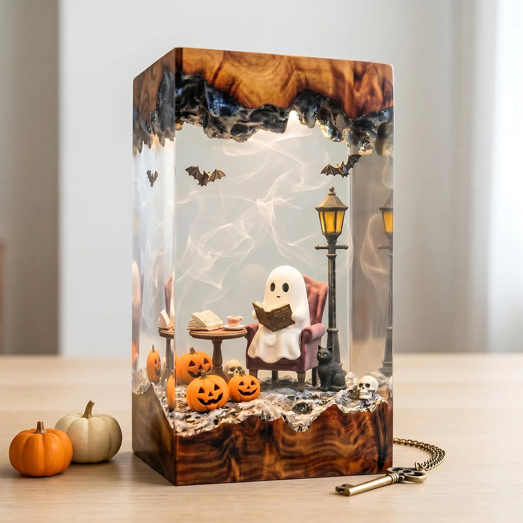 Halloween Reading Ghost Resin Lamp, Black Cat and Pumpkin Night Light, Cozy Retro Decor, Unique Gift for Book Lovers. RLPETAL15