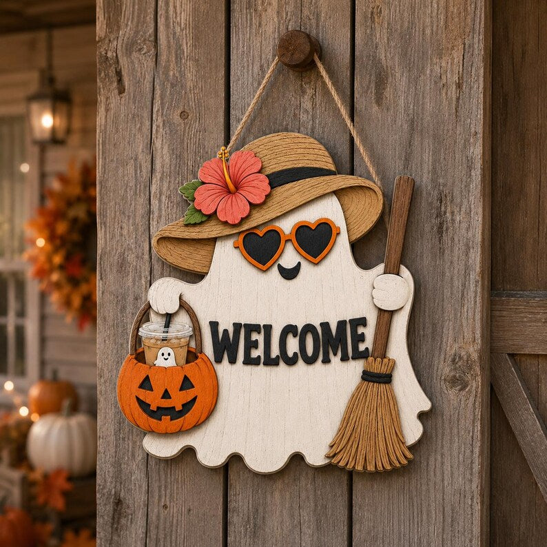 Halloween Summer Ghost Wood Door Sign with Welcome Text. HLWDHPETAL14