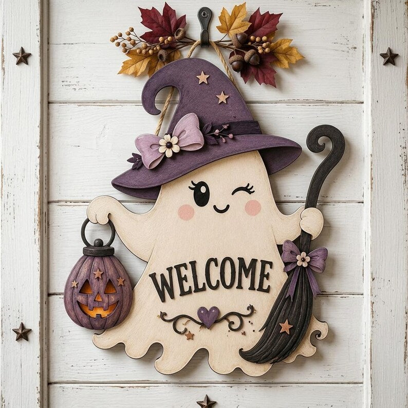 Cute Ghost Welcome Door Hanger, Halloween Wooden Door Sign, Spooky Ghost Decor with Witch Hat, Front Porch Halloween Decoration. HLWDHPETAL15
