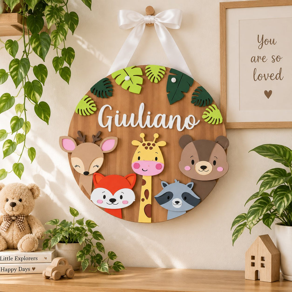 Personalized Woodland Animals Wooden Sign, Custom Boy Name Door Hanger, Safari Nursery Decor, Kids Room Wall Sign WOODKID04