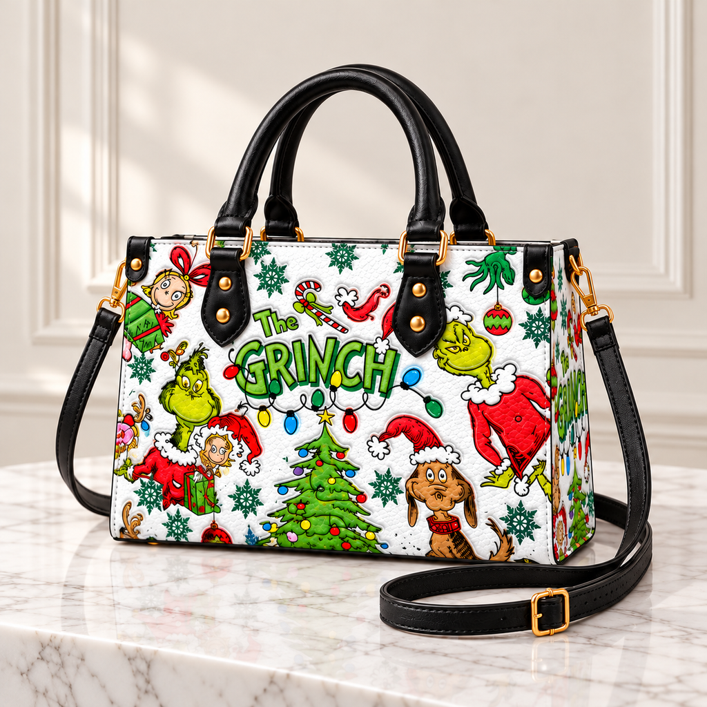 Personalized Grinch Christmas Pattern Leather Handbag, Grinch Christmas Leather Tote Bag, Grinch Wallet Purse, Christmas Bag Gift GBAG05