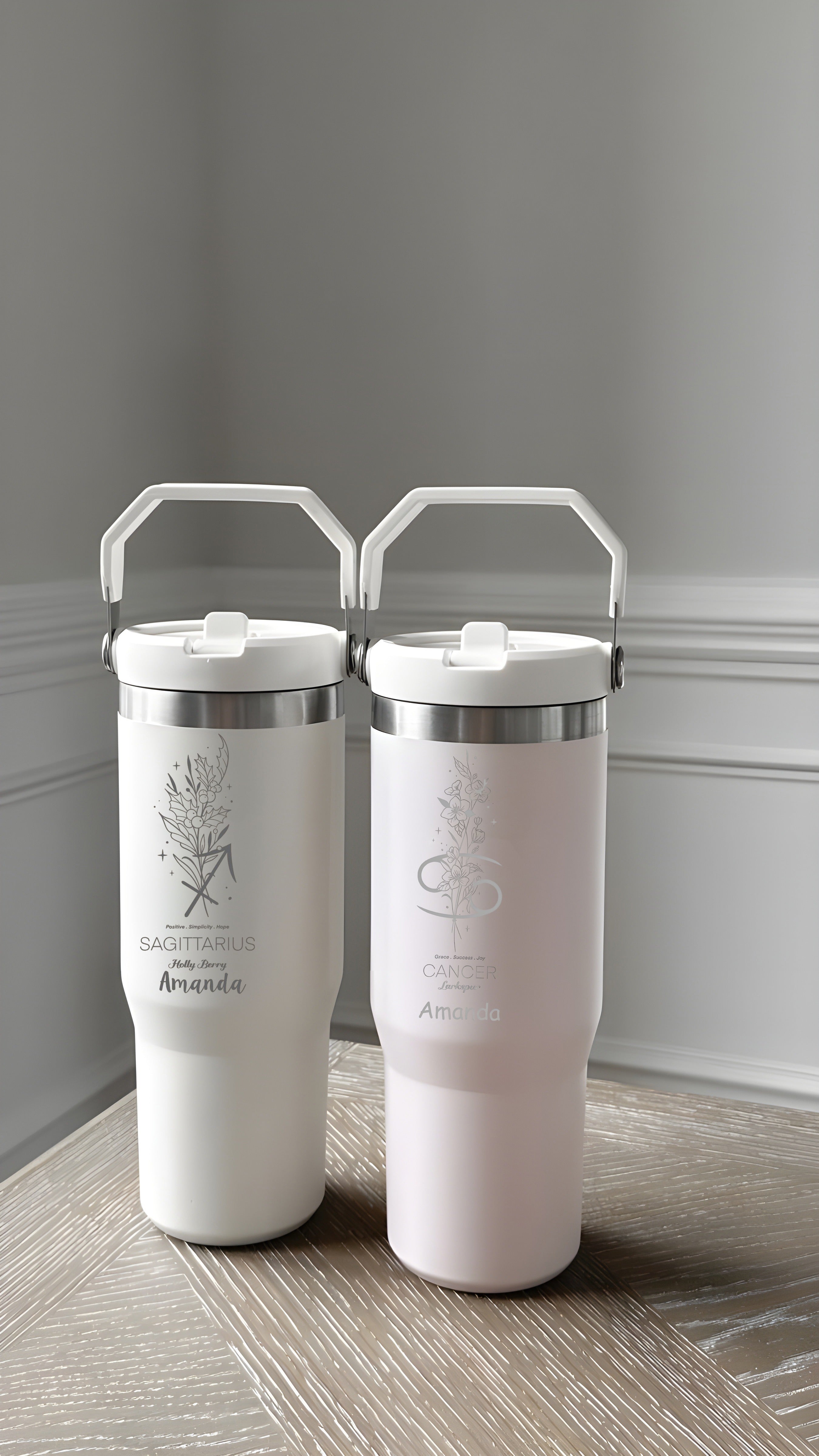 Personalized 40oz Tumbler with Handle, Zodiac Sign Birth Flower Cup, Custom Name Astrology Engraved Mug, Horoscope Floral Gift for Her