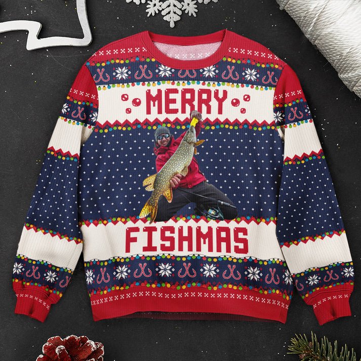 Custom Photo Ugly Christmas Sweater, Personalized Merry Fishmas Shirt, Unisex Kid Adult Sweater, Christmas Party Shirt, Holiday Sweatshirts, Xmas Outfit, Christmas Gift UXMAS05