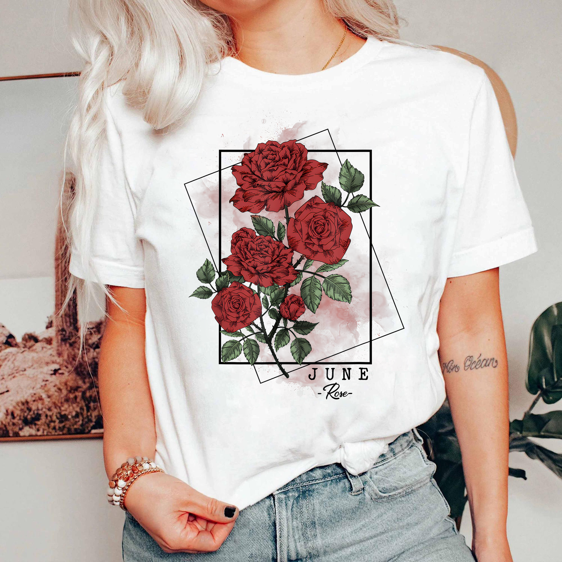 Rose Flower Shirt, June Birth Month Shirt, Red Rose Graphic Tee, Floral Botanical T-Shirt, Birthday Gift For Women