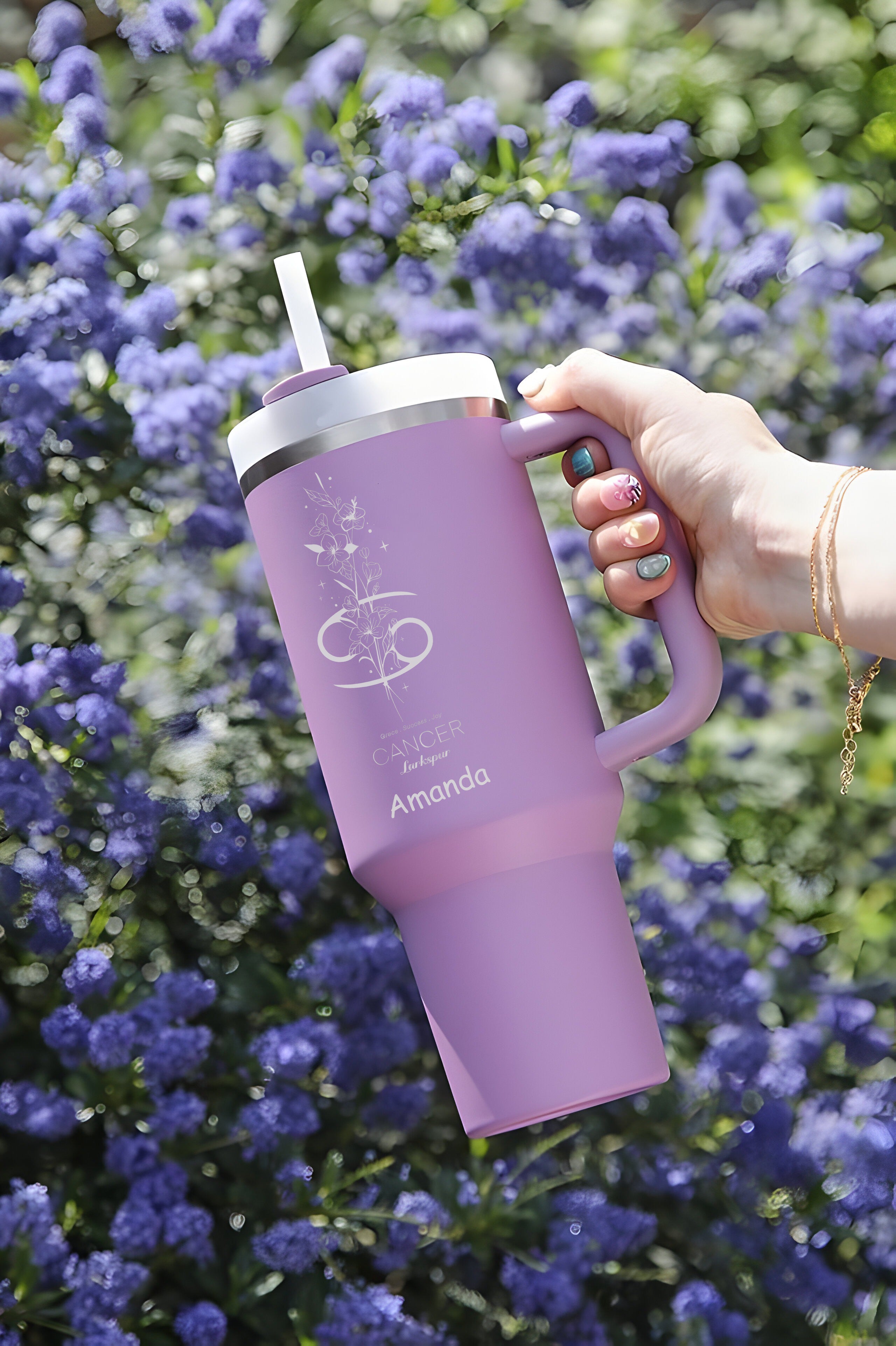 Personalized 40oz Tumbler with Handle, Zodiac Sign Birth Flower Tumbler, Custom Name Astrology Cup, Horoscope Floral Gift for Her