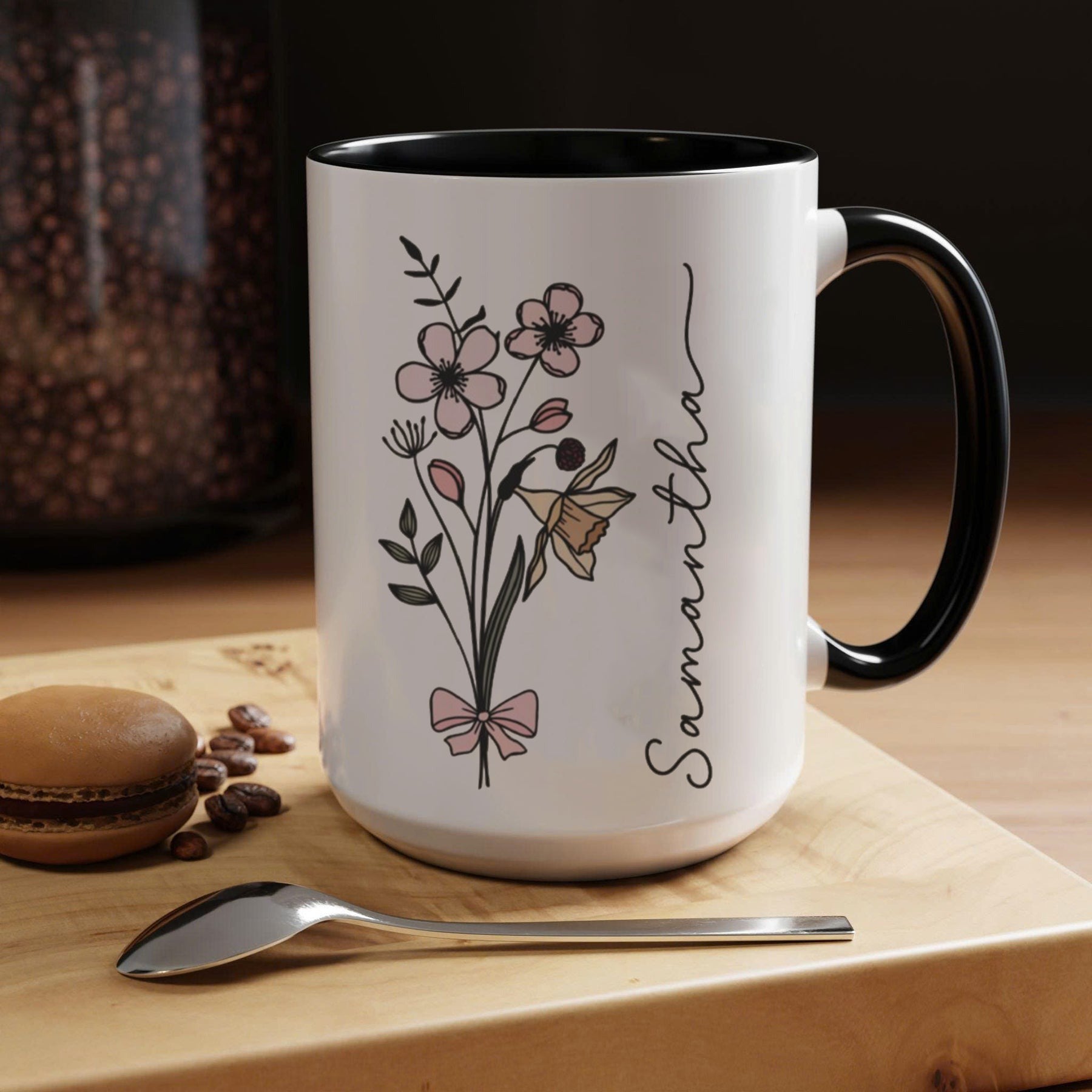 Minimalist Line Art Flower Mug, Personalized Name Coffee Cup with Floral Bouquet Design, Custom Gift for Her Birthday, Bridesmaid, or Mother’s Day