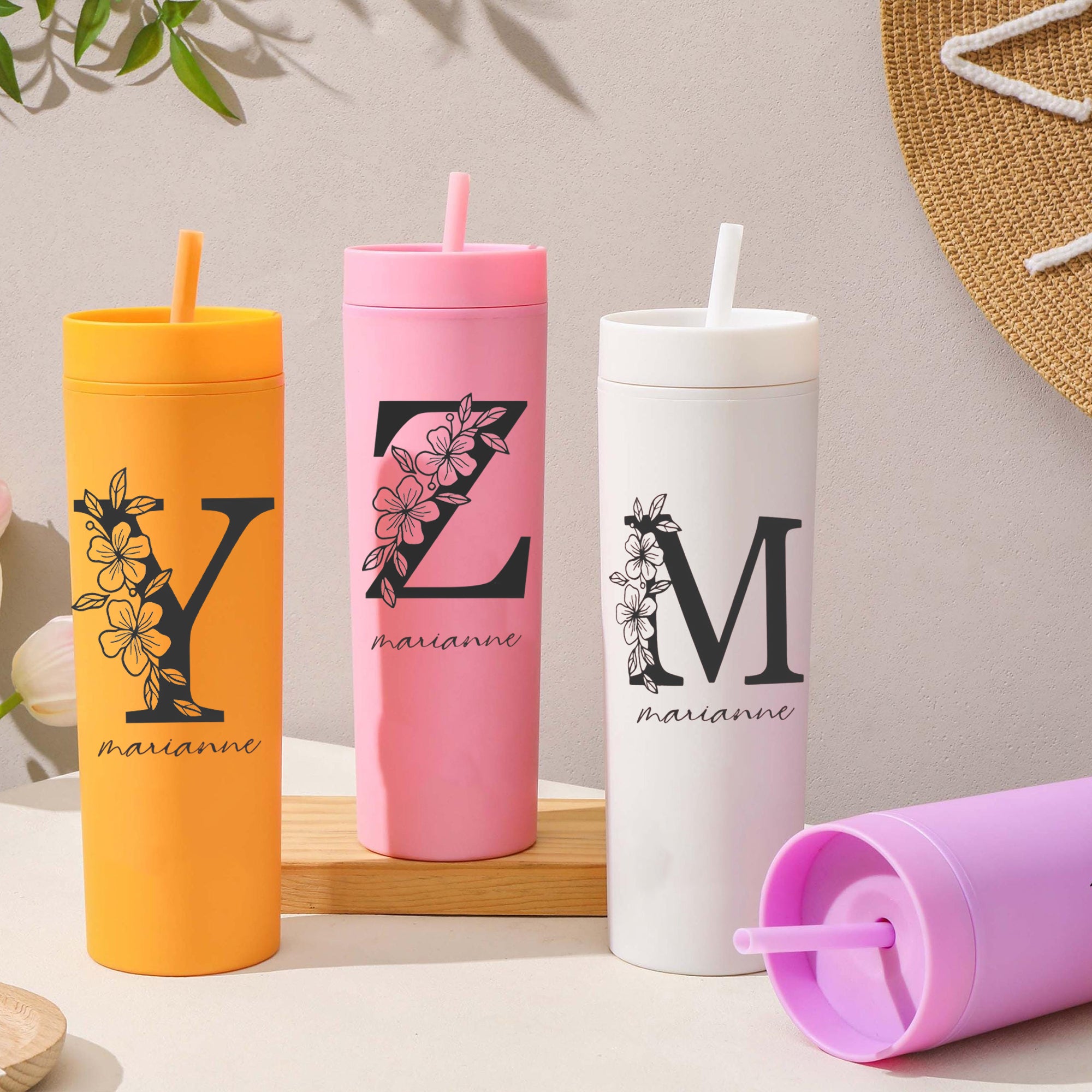 Personalized Skinny Tumbler Flower With Name, Custom Floral Initial Tumbler, Cute Drink Cup With Straw, Birthday Gift, Bridesmaid Proposal, Gift for Her