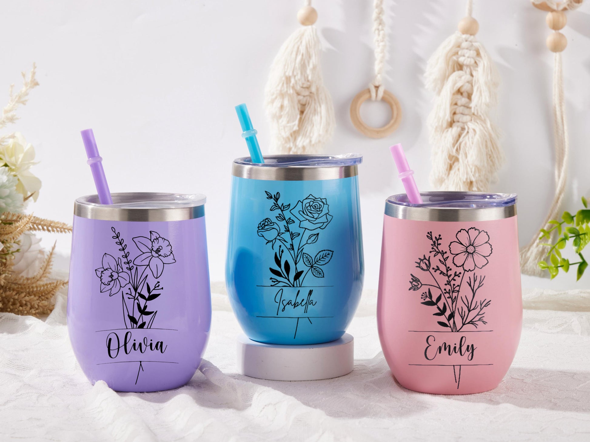 Personalized Birth Flower Wine Tumbler, Custom Stainless Steel Edged Cup with Name, Floral Birthday Gift for Her