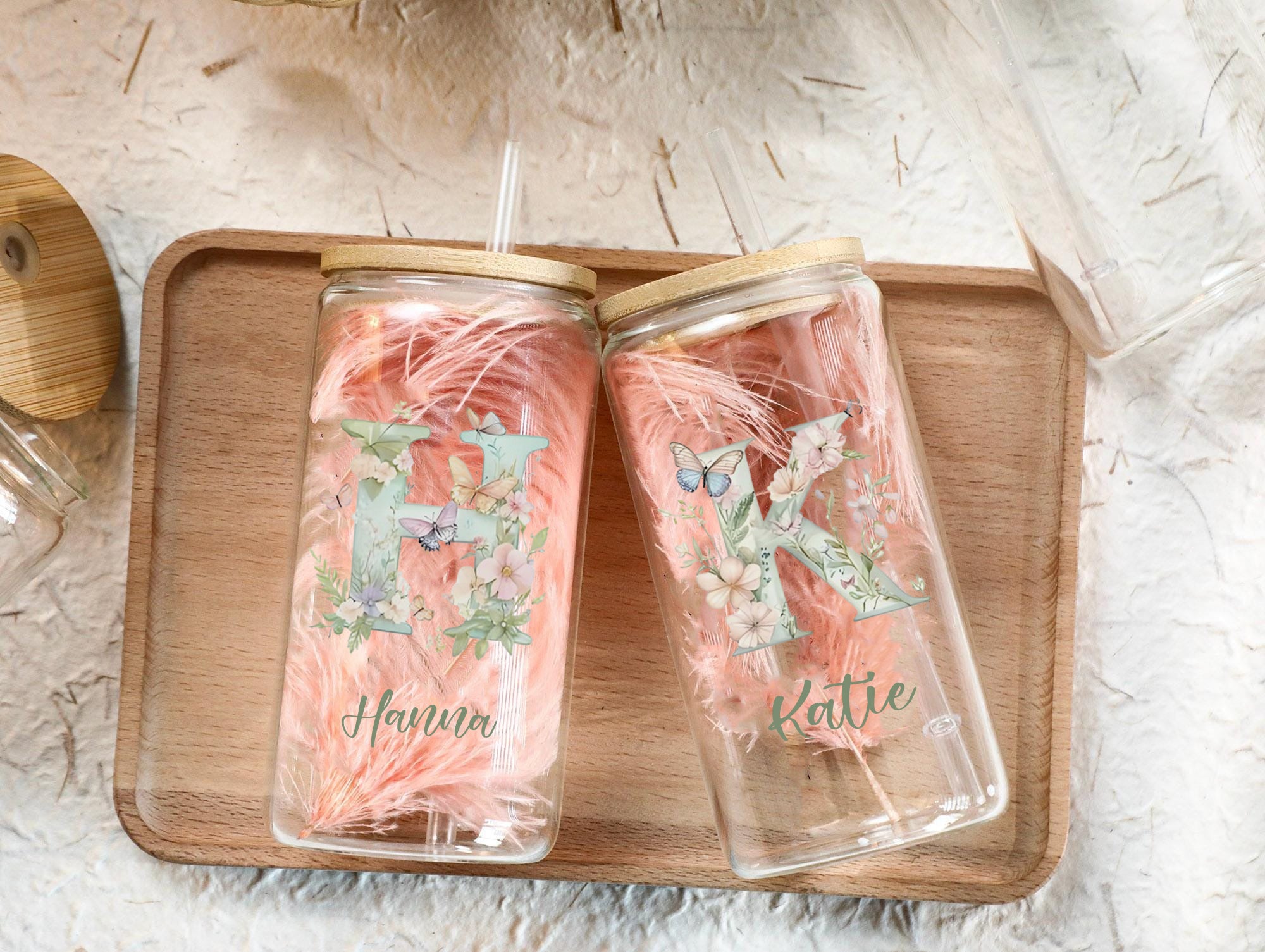 Personalized Flower Alphabet Glass Cup with Bamboo Lid and Straw, Custom Initial Letter and Name Iced Coffee Tumbler, Floral Monogram Gift for Her