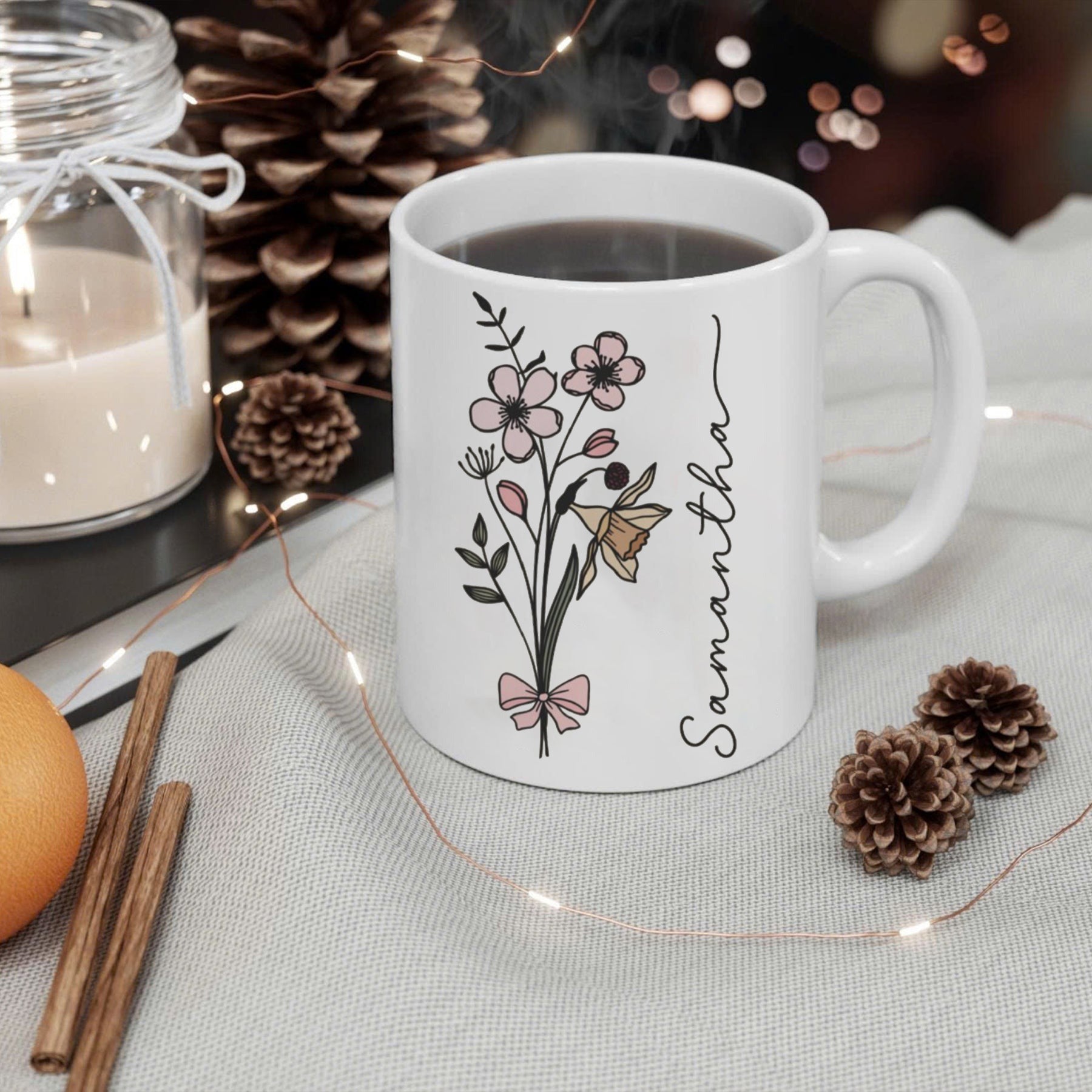 Minimalist Line Art Flower Mug, Personalized Name Coffee Cup with Floral Bouquet Design, Custom Gift for Her Birthday, Bridesmaid, or Mother’s Day