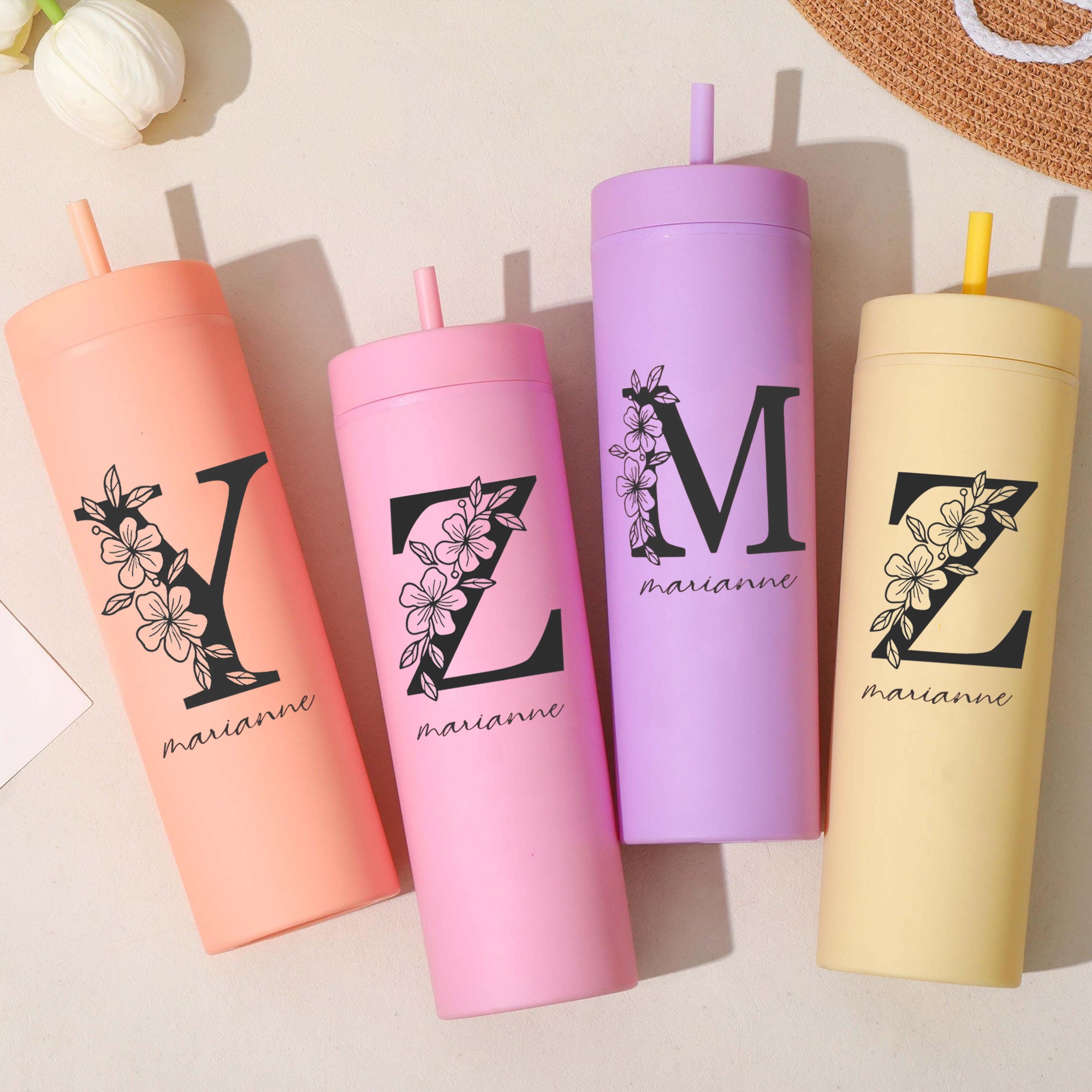 Personalized Skinny Tumbler Flower With Name, Custom Floral Initial Tumbler, Cute Drink Cup With Straw, Birthday Gift, Bridesmaid Proposal, Gift for Her