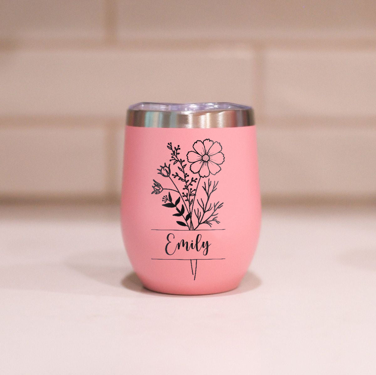 Personalized Birth Flower Wine Tumbler, Custom Stainless Steel Edged Cup with Name, Floral Birthday Gift for Her