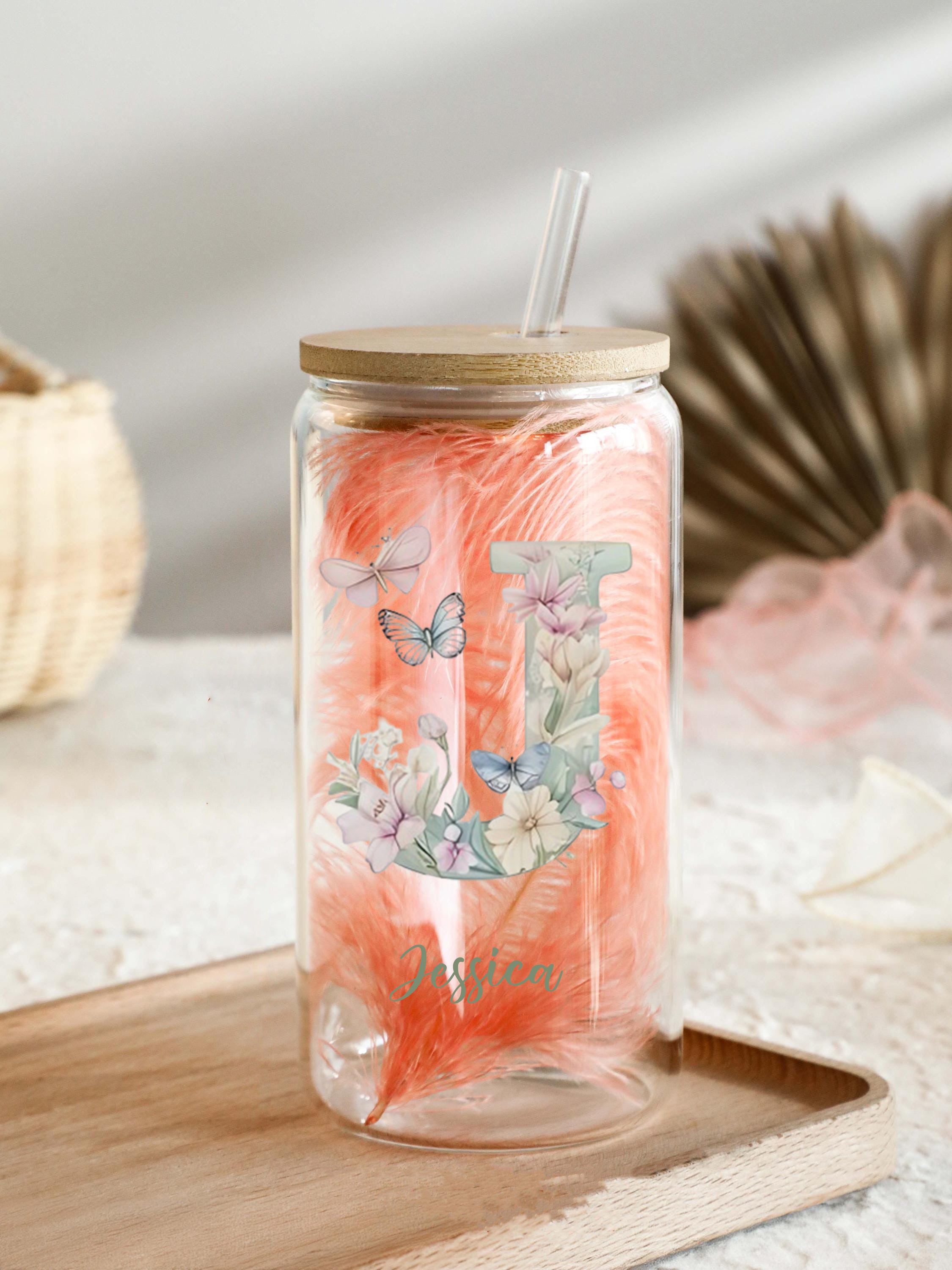 Personalized Flower Alphabet Glass Cup with Bamboo Lid and Straw, Custom Initial Letter and Name Iced Coffee Tumbler, Floral Monogram Gift for Her