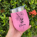 Personalized Birth Flower Wine Tumbler, Custom Stainless Steel Edged Cup with Name, Floral Birthday Gift for Her