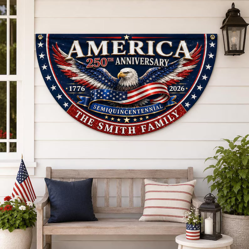 Custom Family Name America 250th Anniversary Fan Flag, 1776-2026 Semiquincentennial Patriotic Eagle Bunting, USA Outdoor Fence Decor. BPETAL10