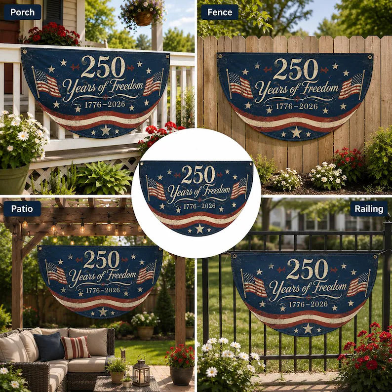 USA 250th Anniversary Semi Circle Banner, 1776-2026 Patriotic Porch Fence Decor, America Semiquincentennial Bunting Flag, 4th of July Decor. BPETAL03