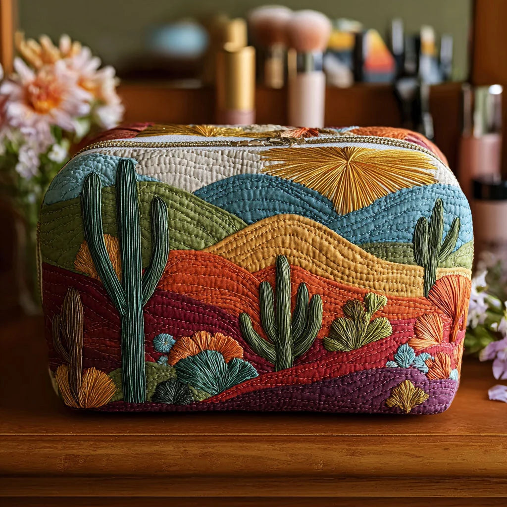 Quilted Desert Landscape Makeup Bag, Cactus Sunset Cosmetic Bag, Southwestern Travel Toiletry Pouch, Boho Zipper Organizer Gift for Women – QMBPETAL60