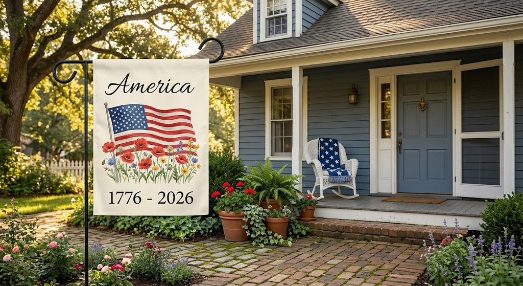 USA 250th Anniversary Garden Flag: 1776-2026 Patriotic Outdoor Decor, American Semiquincentennial Yard Banner. GFPETAL08