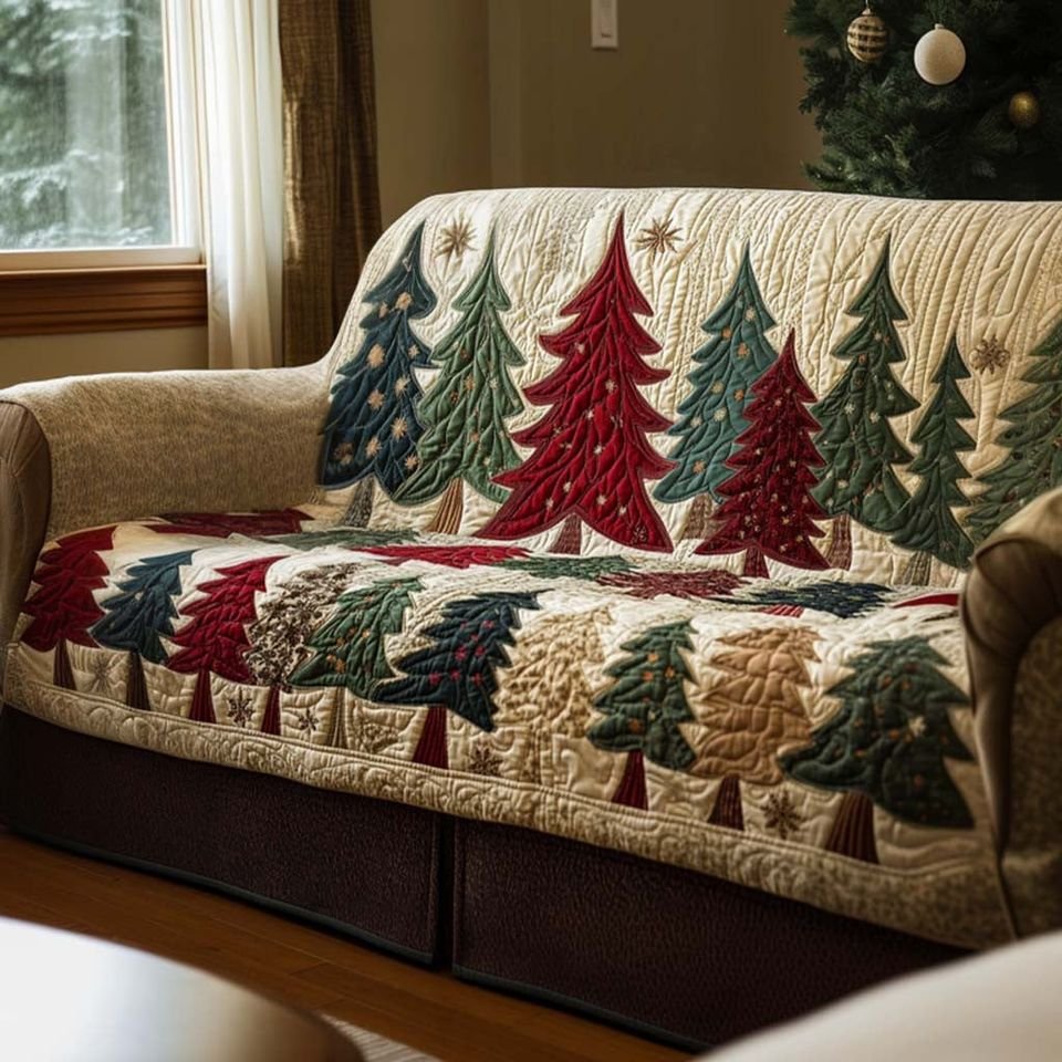 Personalized Pine Tree Christmas Quilted Sofa Cover, Christmas Pattern Sofa Cover, Patchwork Couch Throw, Sofa Protector, Holiday Sofa Decor QUILTSOFA50