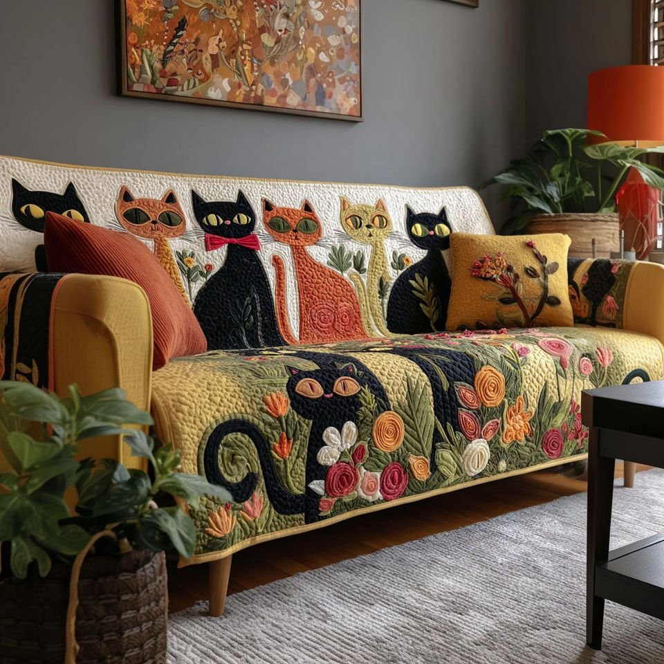 Personalized Floral Cat Quilted Sofa Cover, Cat Pattern Sofa Cover, Patchwork Couch Throw, Sofa Protector, Holiday Sofa Decor QUILTSOFA51