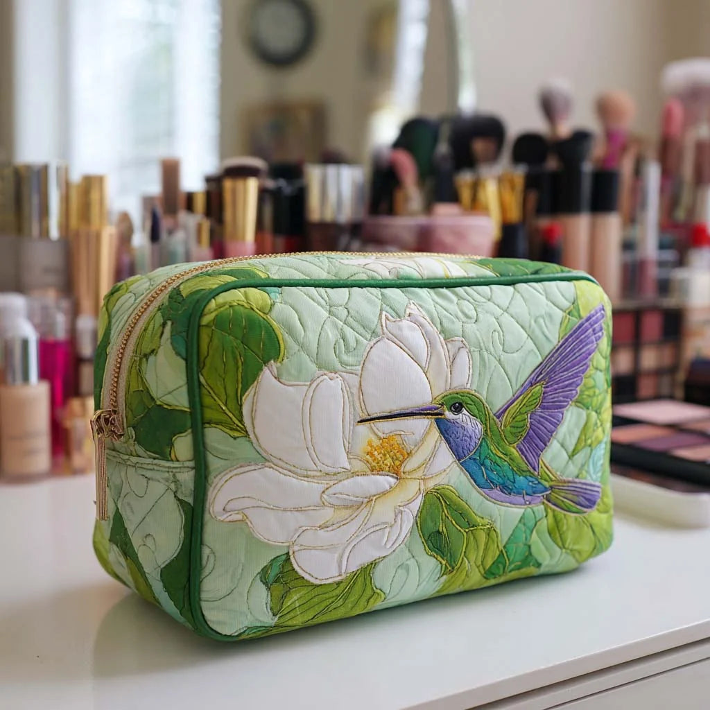 Quilted Hummingbird & Magnolia Makeup Bag, Botanical Cosmetic Bag, Floral Travel Toiletry Pouch, Nature-Inspired Zipper Organizer Gift for Women – QMBPETAL61