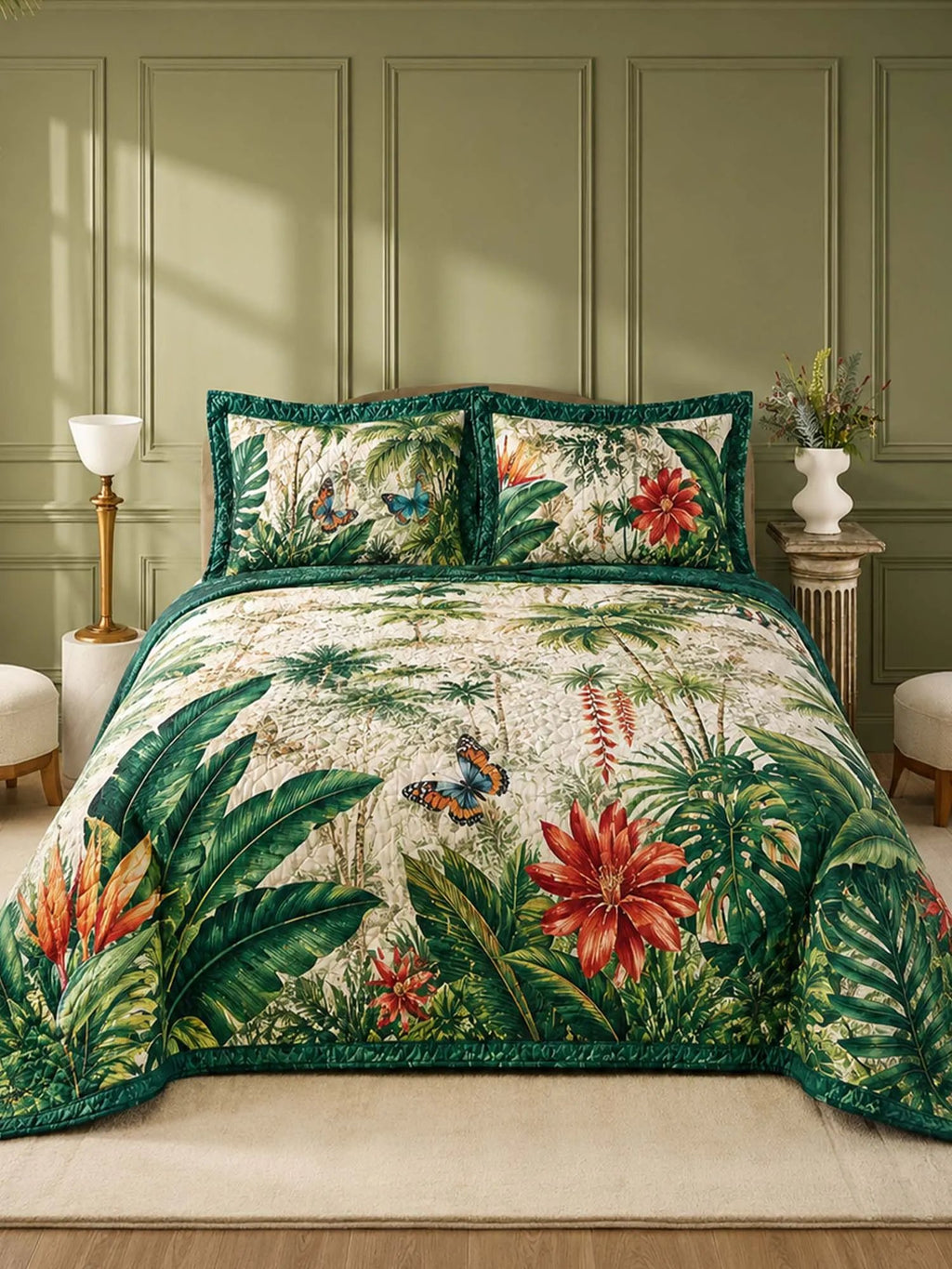 Tropical Botanical Quilted Bedding Set, Tropical Botanical Patchwork Bedspread with Pillowcases, Festive Winter Bedroom Decor, Bedding Decor PTBED39