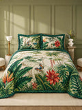 Tropical Botanical Quilted Bedding Set, Tropical Botanical Patchwork Bedspread with Pillowcases, Festive Winter Bedroom Decor, Bedding Decor PTBED39