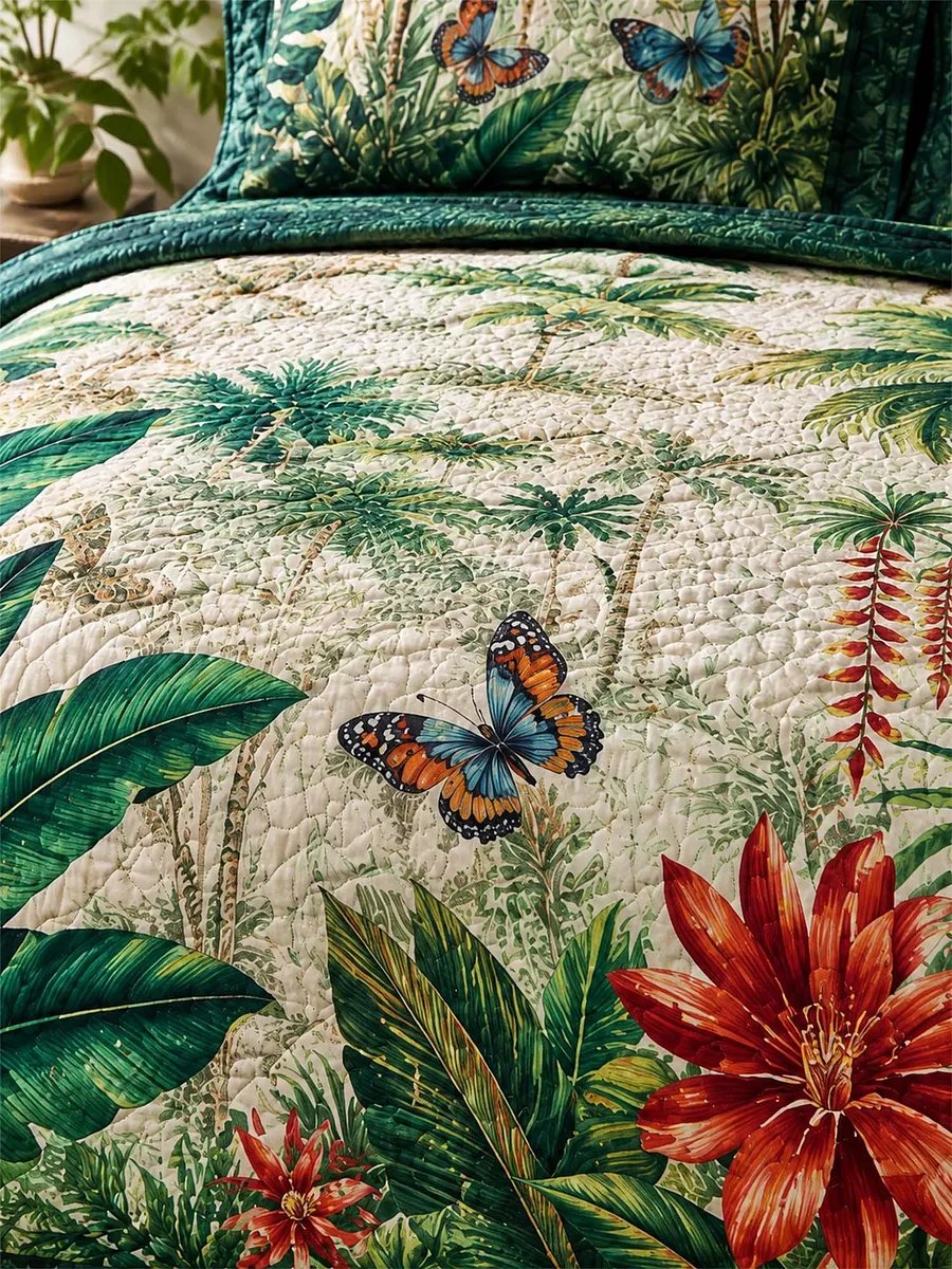 Tropical Botanical Quilted Bedding Set, Tropical Botanical Patchwork Bedspread with Pillowcases, Festive Winter Bedroom Decor, Bedding Decor PTBED39