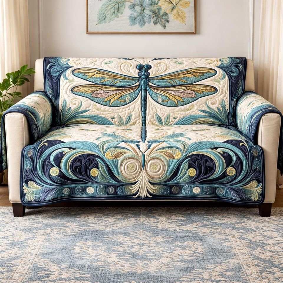 Personalized Blue Dragonfly Quilted Sofa Cover, Dragonfly Pattern Sofa Cover, Patchwork Couch Throw, Sofa Protector, Holiday Sofa Decor QUILTSOFA52
